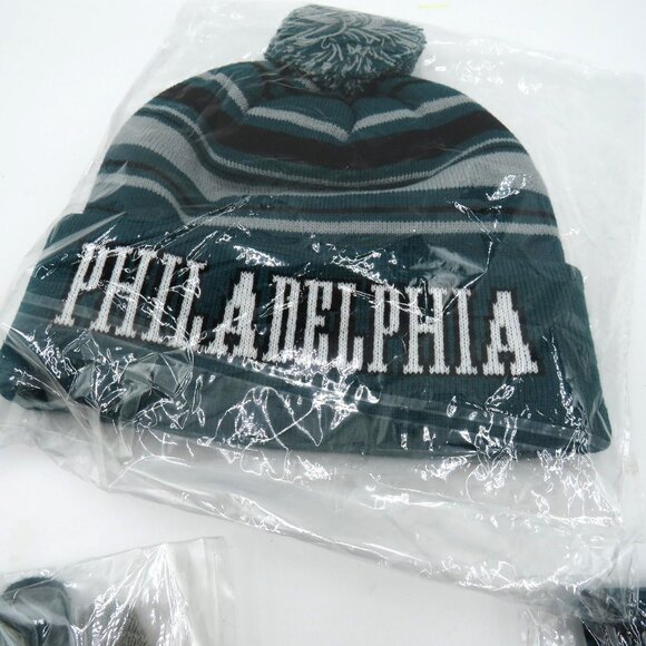 Philadelphia Winter Knit Beanie Hat Gloves Scarf Set Green Gray Striped Pom Mens - Picture 5 of 5